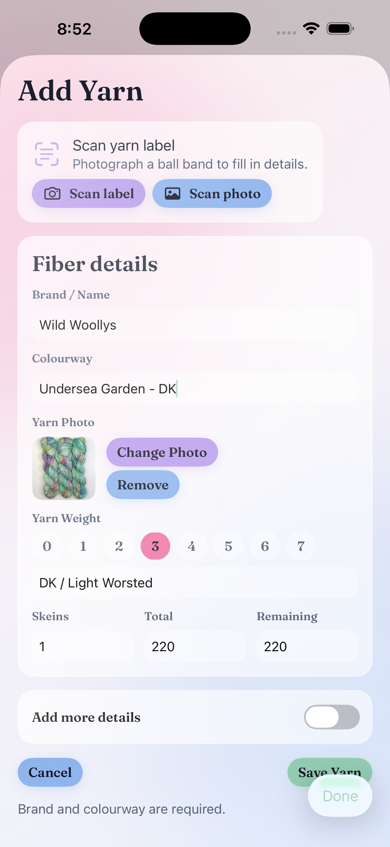 Fibecheck add yarn screen with photo, brand, colorway, and yarn weight