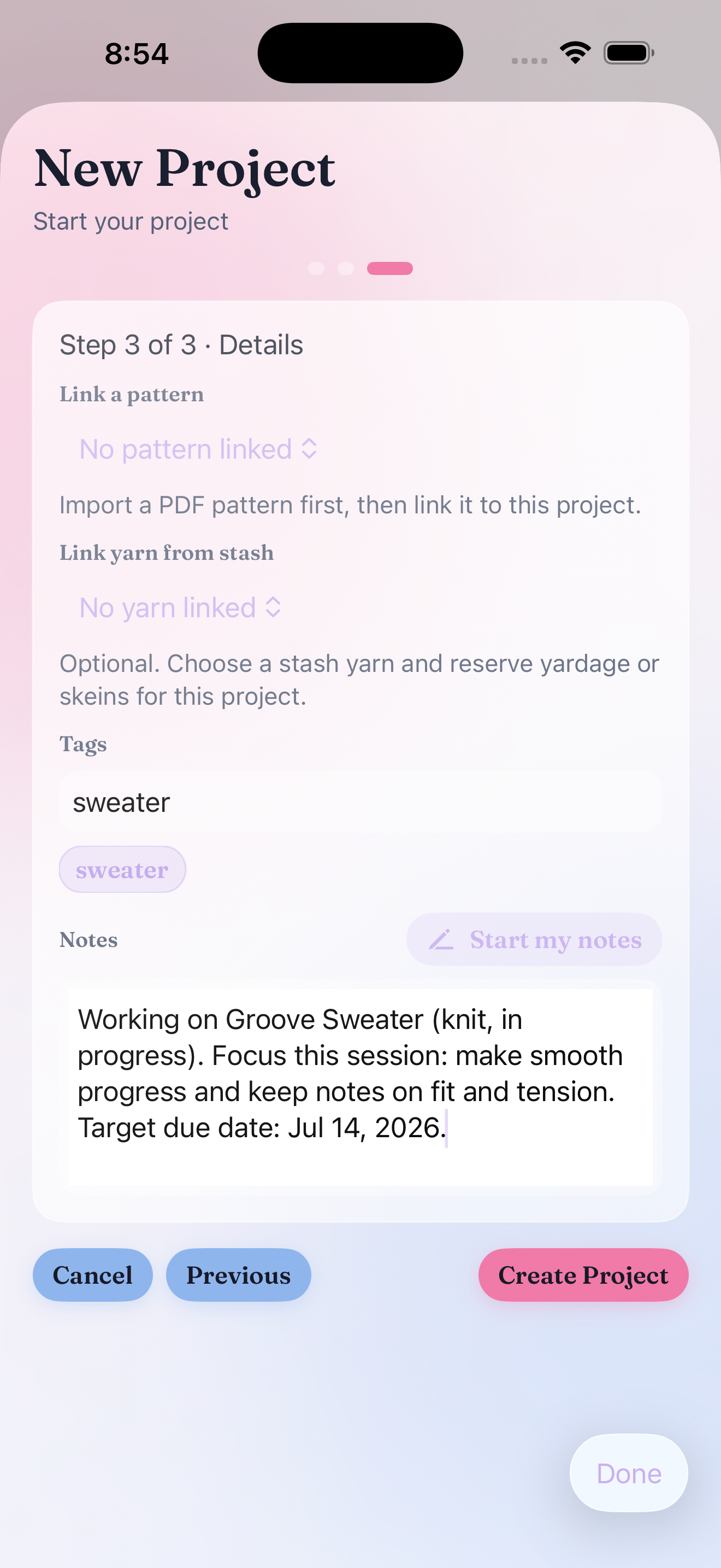 Fibecheck project details screen with notes and tags